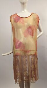 Flapper 1920â€™S Beautiful Floral Silk Chiffon + Silk Lace Dress - As Acquired