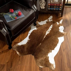 Faux Cowhide Rug, Brown-White Cow Hide Print Rug, Western Decor, Large 4.6 x 5.2 - Picture 1 of 5