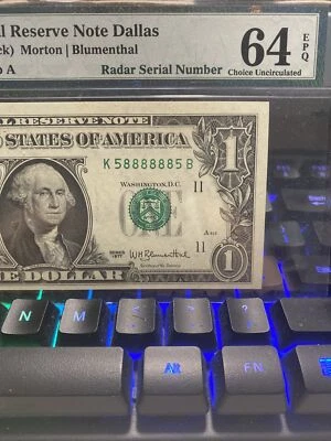 1977 $1 GEM PMG 64 Radar Binary number 58888885 我发  Dollar Super Top Rare! - Image 1 of 3