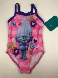 Girls Trolls Striped One Piece Swimsuit NWT  - Picture 1 of 2