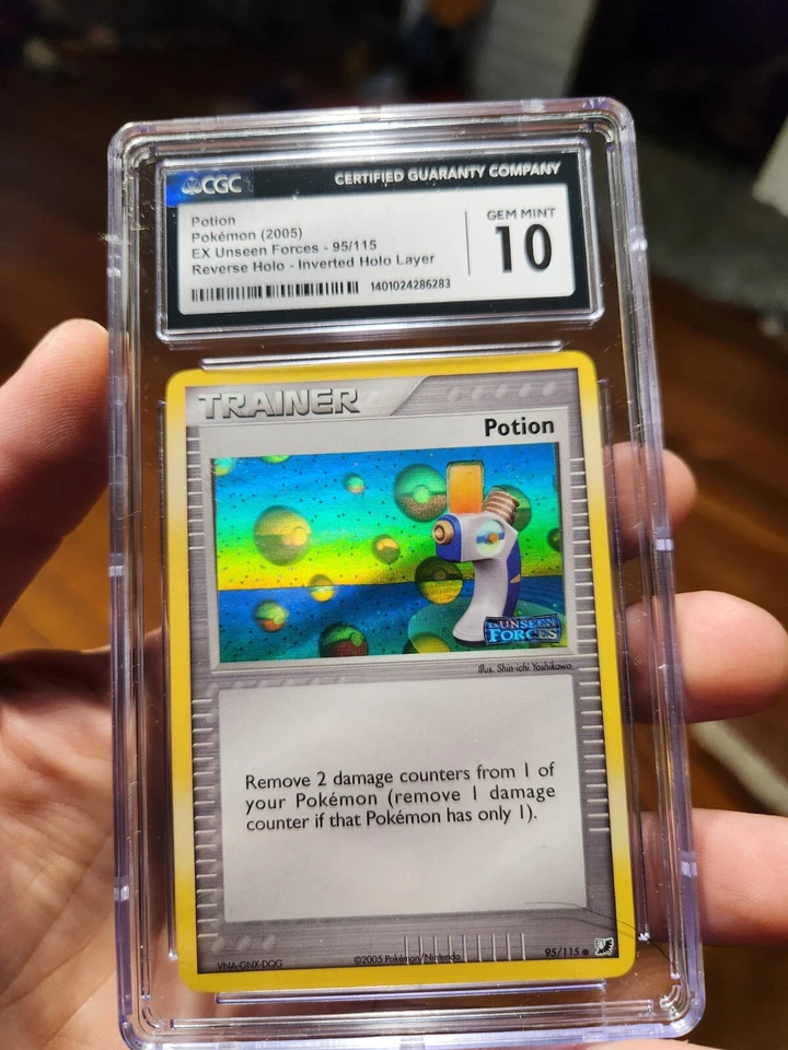 (TOP POP 10) CGC 10 GEM MINT Potion 95/115 Unseen Forces Pokemon HOLO ERROR - Image 1 of 4