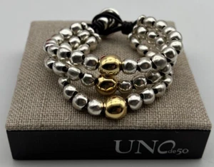 NEW Uno de 50 SER INTREPIDA 3 Strands Leather Silver Gold Plated Bracelet Beads - Picture 1 of 15