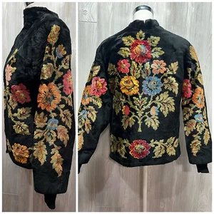 1960's-1970's Tapestry Carpet Bag Coat Jacket Floral Black - Picture 1 of 11