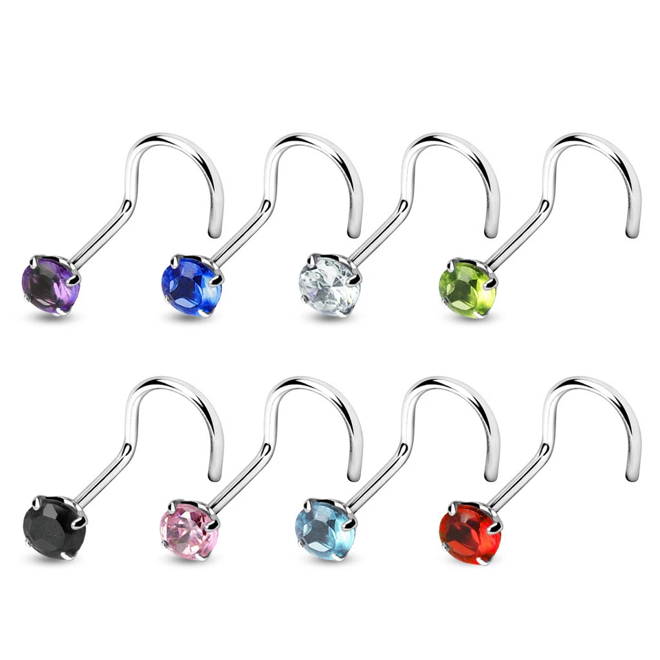 (2 pieces) 20g (0.8mm) ROUND (3mm) Prong Set Gem Nose Screw (B/6/4) - Image 1 of 1