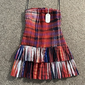 Mini Vestido Anthropologie Plenty Rojo Ikat Sin Tirantes con Volantes en Niveles Precio de venta sugerido por el fabricante 230 USD - Imagen 1 de 6