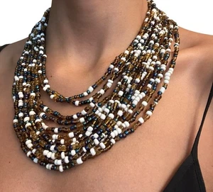 Vtg Multi Strand Beaded Statement Necklace Women Brown African Inspired Layered - Picture 1 of 6