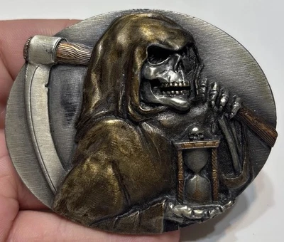 RARO Grimm Reaper Cinturón Hebilla Bergamont 1994 Hecho en EE. UU. Gótico Muerte Antigua Foto 1 de 4