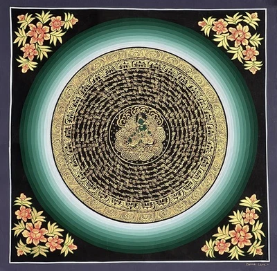 PINTURA THANGKA TIBETANA ORIGINAL MANTRA HUM MANTRA MANDALA TARA OM MANI PADME VERDE Foto 1 de 4