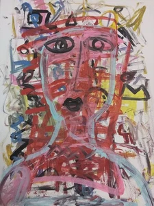 LARGE RED  COLORFUL OOAK ABSTRACT PORTRAIT CONTEMPORARY ORIGINAL PAINTING - Picture 1 of 1
