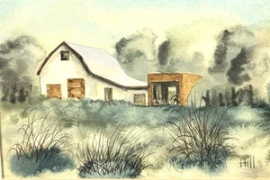 Vintage Original Watercolor Painting Amish Country Barn Scene Signed by Hill - Picture 1 of 7