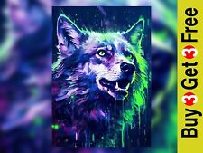 Neon Wolf Art Print 5" x 7" - Vivid Wildlife Painting Home Decor