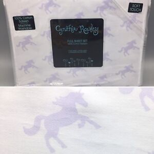 4pc Cynthia Rowley Purple Unicorn FULL Sheet Set White Cotton Girls Lavender NEW