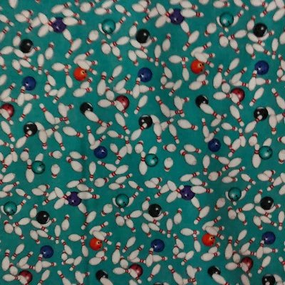 BOWLING PINS BALLS TEAL MASK DIGITAL PRINT COTTON FABRIC FQ - Image 1 of 4