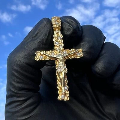 14K Gold Plated 925 Sterling Silver Nugget Jesus Crucifix Cross CZ Iced Pendant - Image 1 of 4