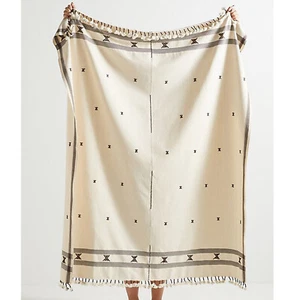 Anthropologie Embroidered Jodi Throw Blanket Fringe Ivory Cocoa Tassels Cotton - Picture 1 of 7