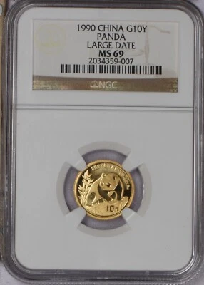 1990 Gold Panda 1/10 oz. 10 Yuan Large Date NGC MS69. Free shipping. - Image 1 of 2