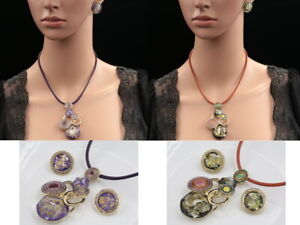 enamel round gold foil lucite pendant leather necklace stud earrings set K39