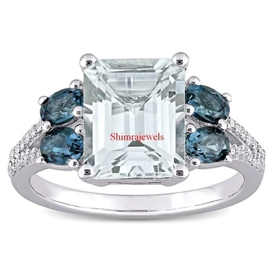 Natürlich Blau Topas Edelstein Mit 18K Weiß Vergoldet Silber Damen Ring #253 - Bild 1 von 4