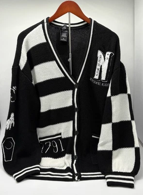 Wednesday XL Nevermore Cárdigan Suéter holgado a rayas blanco y negro Nuevo con etiquetas Foto 1 de 4