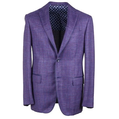 Abrigo deportivo Zilli azul tejido a cuadros lana-seda-lino con detalles de cuero EE. UU. 52R Foto 1 de 4