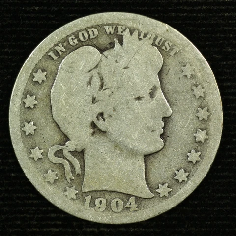 Barber Silver Quarter. 1904 O. Good Circulated. Lot # Lot # 9048-55-0128 Cover