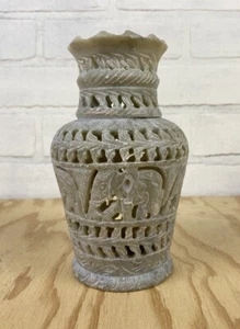 Handmade Carved Soapstone Intricate Decorative Open Vase Elephants 6” Tall India - Picture 1 of 13