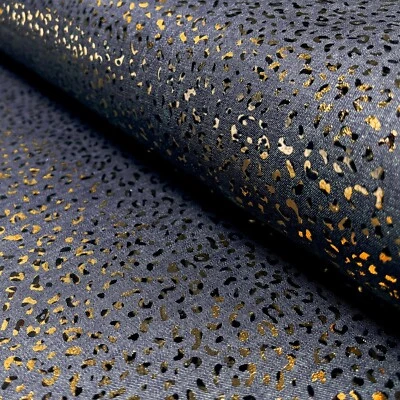 1m x 1,48m Jeans Stoff Foliendruck Dunkelblau Leopardmuster Gold - Bild 1 von 4