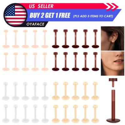 10PCS 16G Push Top Earring Piercing Flat Lip Rings Labret Retainer 8mm/10mm Bar - Image 1 of 4