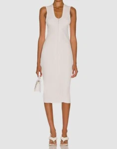 $396 Helmut Lang Women's White Rib-Knit V-Neck Midi Bodycon Dress Size XS - Picture 1 of 4