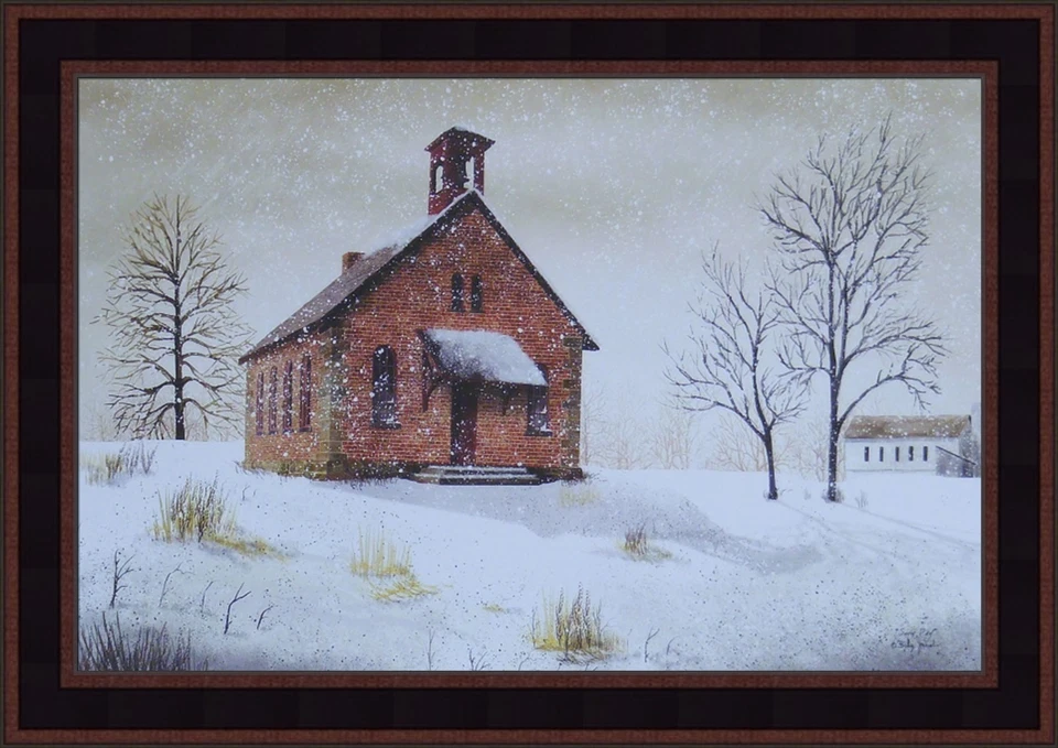 IMAGEN ARTÍSTICA ENMARCADA DÍA DE NIEVE por Billy Jacobs 15x21 casa escuela de campo estaciones Foto 1 de 1