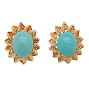 Vintage Turquoise Cabochon Stud Earrings - 14k Yellow Gold - Picture 1 of 5