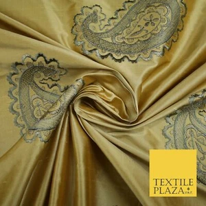 Luxury Gold Large Grey Ornate Paisley Embroidered 100% PURE SILK Fabric 53" 4641 - Picture 1 of 6