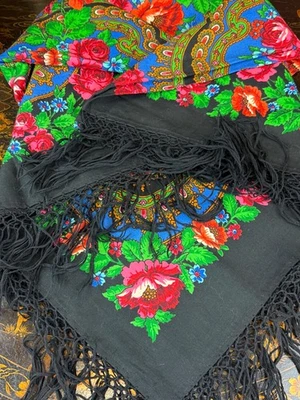 Russian Pavlovo Posad Shawl 100% Wool Floral on Black Background w/ Long Fringe - Image 1 of 4