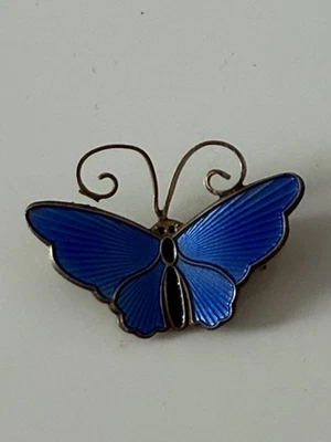 VTG DAVID ANDERSEN BEAUTIFUL STERLING SILVER BLUE GUILLOCHE ENAMEL BUTTERFLY PIN - Image 1 of 4