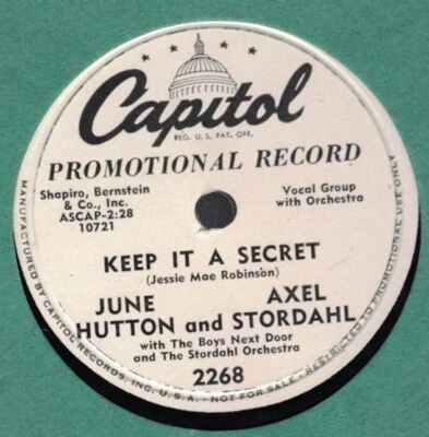 JUNE HUTTON AXEL STORDAHL MISS YOU SO & KEEP IT A SECRET CAPITOL 10" PROMO 78 - Image 1 of 2