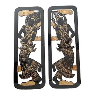 Wood Carved Wall Art Panel Black Thai Angel Vintage mandolin Gold trim 19x7 in - Picture 1 of 8