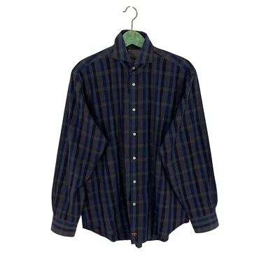 Thomas Dean Navy Green Plaid Button Up Stretch Dress Shirt Long Sleeve Medium - Image 1 of 3