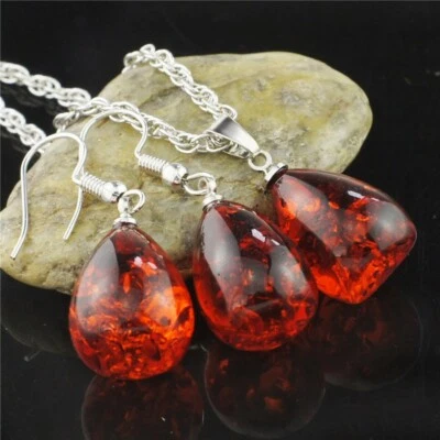 Bernstein Halskette Anhänger Ohrringe Schmuck Set Faux Amber Tropfen rot braun - Bild 1 von 2