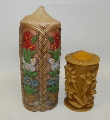 2 Vintage Japan Hand Crafted Floral Candles Avocado Tower of Flowers - Image 1 of 3