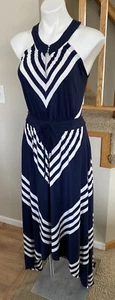 Banana Republic Small Navy Blue V-neck Racerback Striped Maxi Dress Lined EUC - Picture 1 of 11