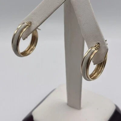 10k Two Tone Yellow White Gold .75" Ladies Textured Hoop Earrings - Image 1 of 4