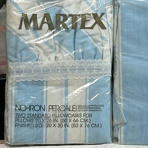 2 Martex Blue Parasol Stripe Standard Pillowcases No Iron Ruffle Lace Cottage - Picture 1 of 2
