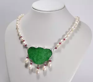 COLLANA ARGENTO 925 RODIATO GIADA PERLE BAROCCHE 10 MM RUBINI AGLN 0263 - Foto 1 di 3