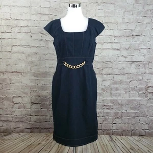 Sandra Darren 8 Sheath Midi Dress Blue Denim Cap Sleeve Stretch Chain Pockets - Picture 1 of 12