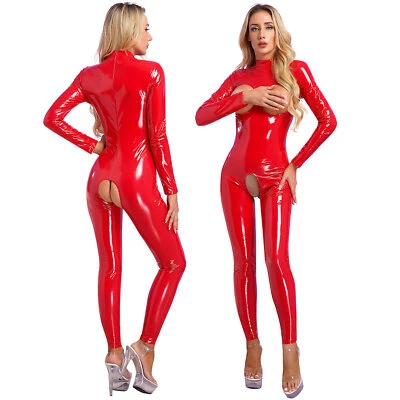 Damen Catsuit Wetlook Offenem Brust Schritt Overalls mit Reißverschluss Clubwear - Bild 1 von 4