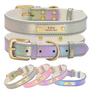 PU Leather Personalised Dog Collar Engraved Pet Name Soft Padded w/ Gold D Ring 