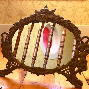 Antique Victorian Gold Bronze Cast Iron Oval Mirror Frame w/ Cherubs & Angels - Picture 1 of 1