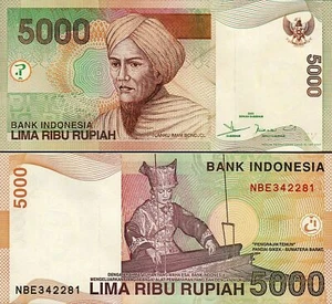 INDONESIA 5000 RUPIAH 2001 UNC NBE,SONGKET (KAIN BALAPAK)WEAVER,PANDAI SIKEK (PA - Picture 1 of 1