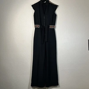 Vintage 1970s Black Jumpsuit Bell Bottoms Flare Tribal Embroidered Belt Medium - Picture 1 of 14