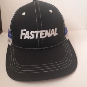 Fastenal Mesh Trucker Hat Dad Cap Black White Two Blue Stripes Adjustable Strap - Picture 1 of 6
